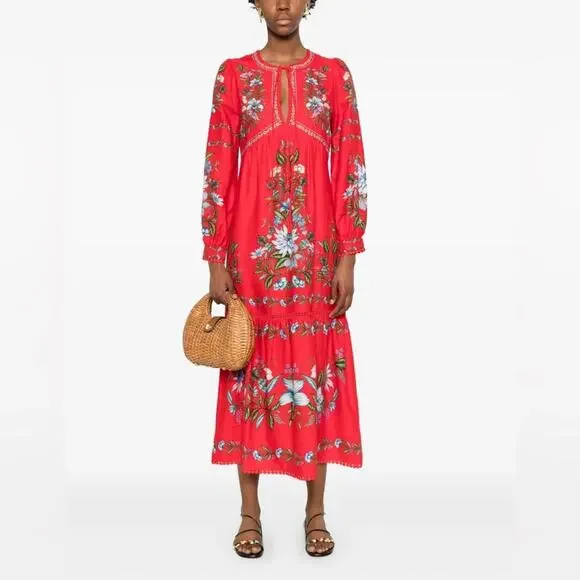 Farm Rio Red Sweet Bloom Bouquet Midi Dress L - Picture 3 of 9